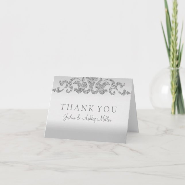 Silver Glitter Wedding Thank You Note Cards (Front)
