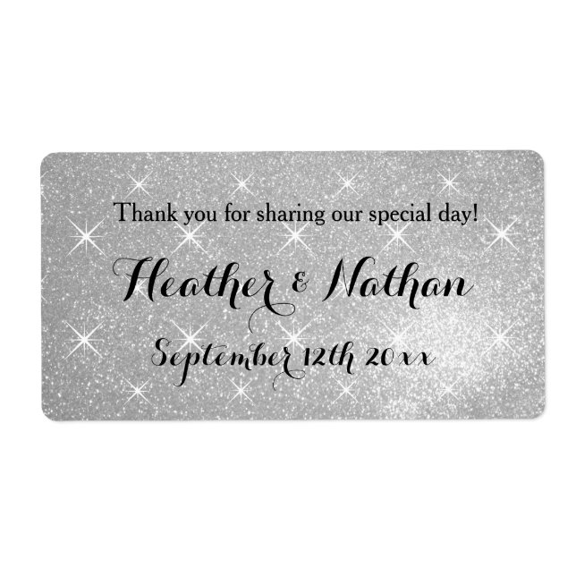 Silver glitter wedding wine or water bottle labels (Front)
