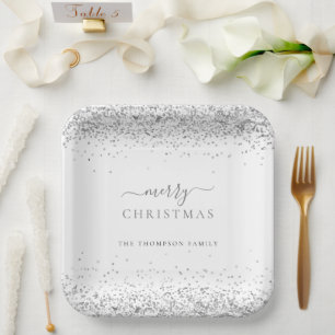 Silver Glitter White Name Merry Christmas  Paper Plate
