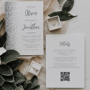 Silver Glitter White Script QR Code Wedding Invitation