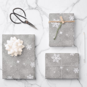 Silver Glitter White Stars and Snowflakes Pattern Wrapping Paper Sheet