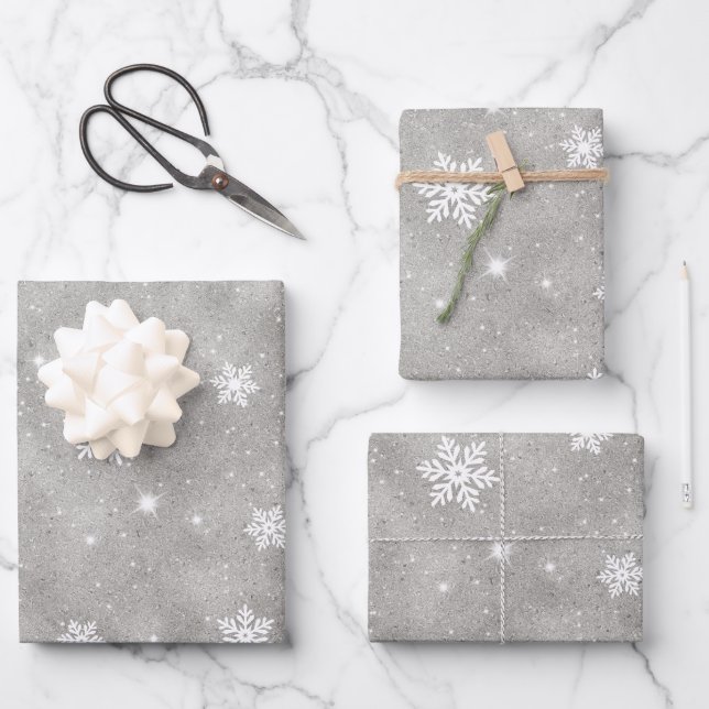 Silver Glitter White Stars and Snowflakes Pattern Wrapping Paper Sheet (Front)