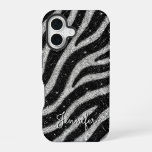 Silver Glitter Zebra Print Glam Personalized Name iPhone 16 Case