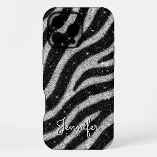 Silver Glitter Zebra Print Glam Personalized Name iPhone 16 Pro Max Case