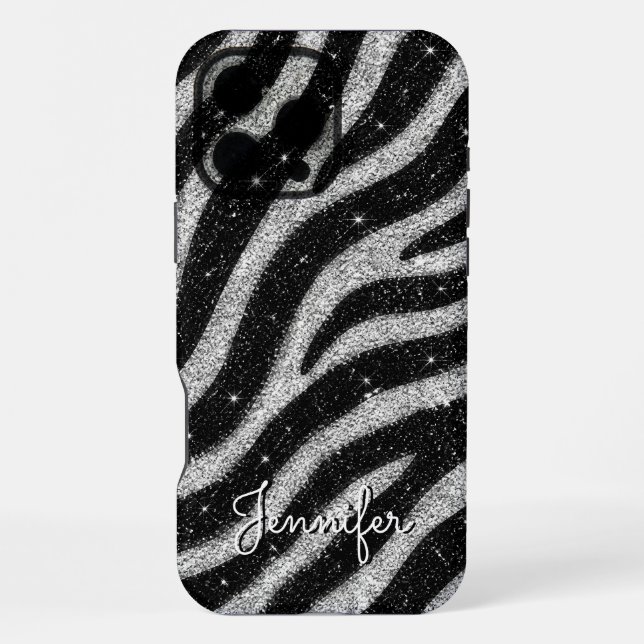 Silver Glitter Zebra Print Glam Personalized Name iPhone Case (Back)