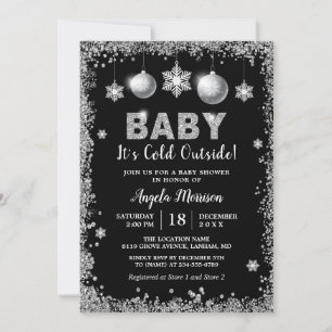 Silver Glitters Snowflakes Baby It's Cold Outside Invitation
