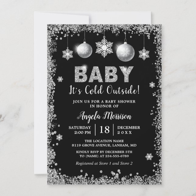 Silver Glitters Snowflakes Baby It's Cold Outside Invitation (Front)
