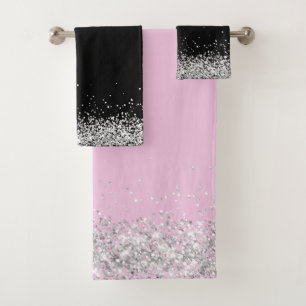 Silver Glittery Edging on Pink and Black Bath Towel Set