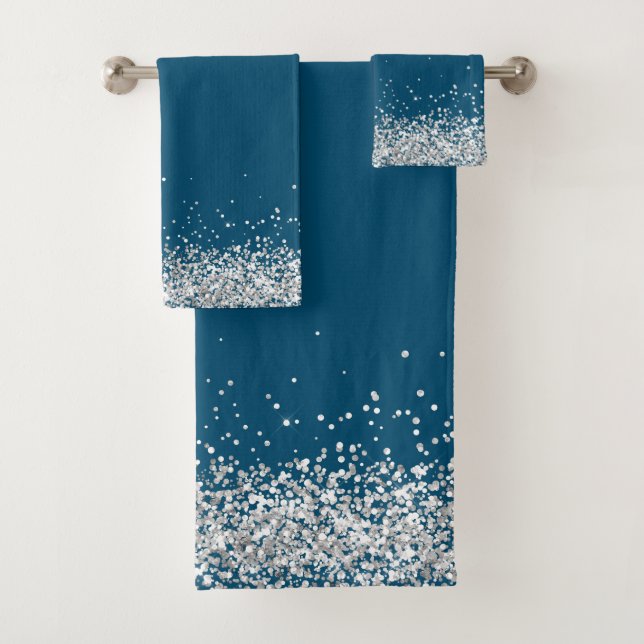Silver Glittery Glam Edging on Blue Bath Towel Set (Insitu)
