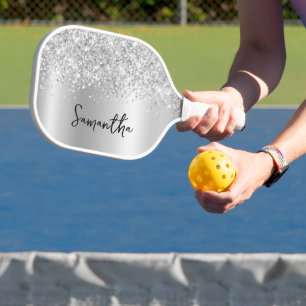 Silver Glittery Glam Shimmer Gradient Script Name Pickleball Paddle