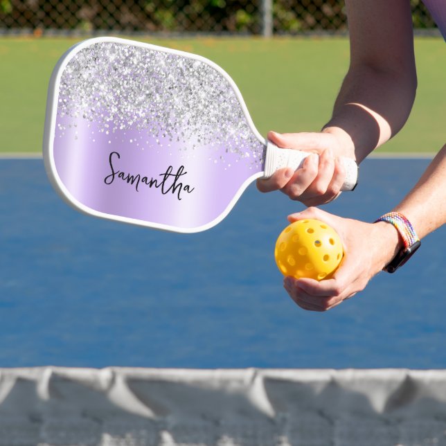 Silver Glittery Lavender Shimmer Script Name Pickleball Paddle (Insitu)