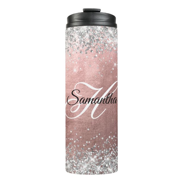 Silver Glittery Rose Gold Foil Fancy Monogram Thermal Tumbler (Front)