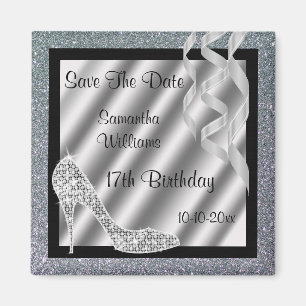 Silver Glittery Stiletto & Streamers 17th Birthday Magnet