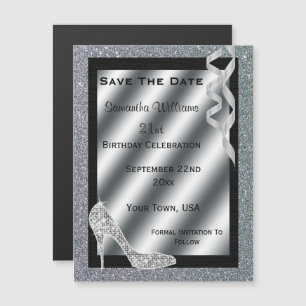 Silver Glittery Stiletto & Streamers 21st Birthday Magnetic Invitation