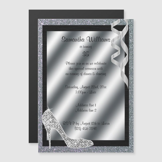 Silver Glittery Stiletto & Streamers 35th Birthday Magnetic Invitation (Front/Back)
