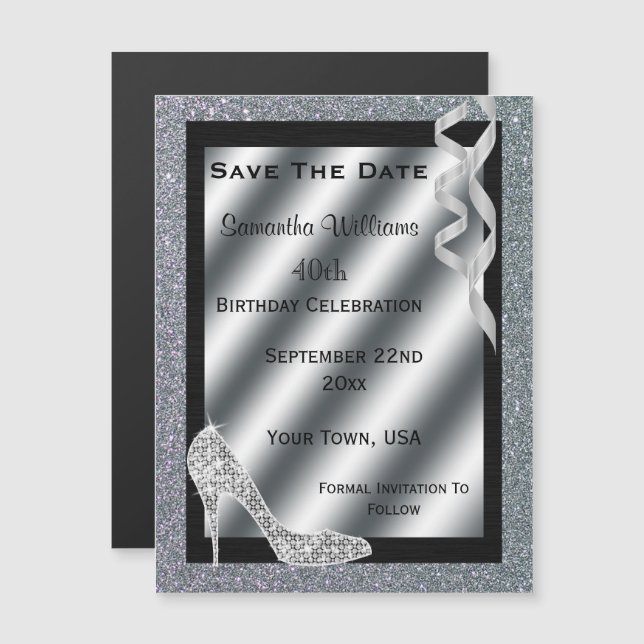 Silver Glittery Stiletto & Streamers 40th Birthday Magnetic Invitation (Front/Back)