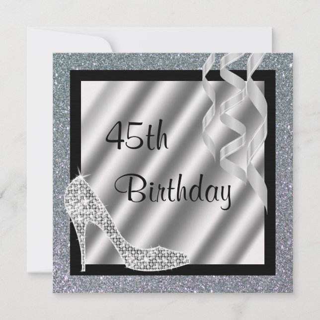 Silver Glittery Stiletto & Streamers 45th Birthday Invitation (Front)