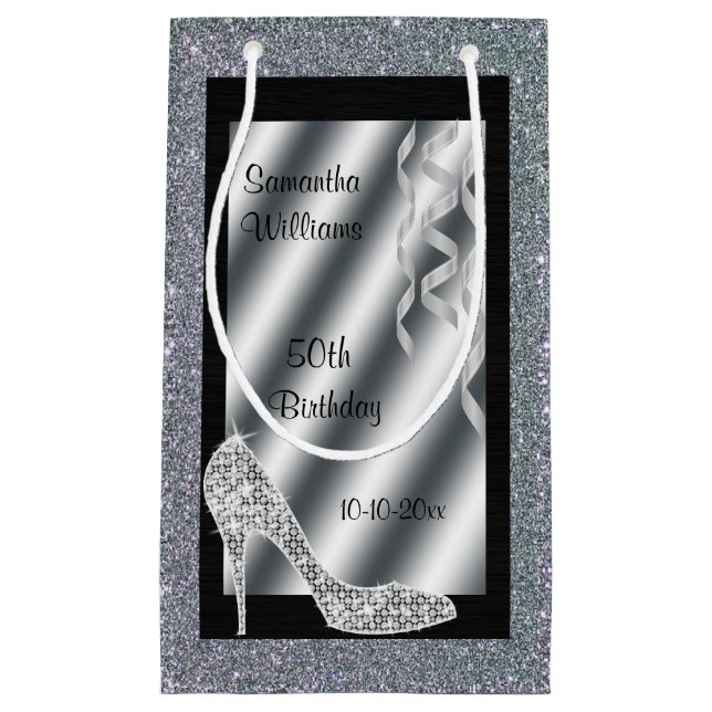 Silver Glittery Stiletto & Streamers 50th Birthday Small Gift Bag (Front)
