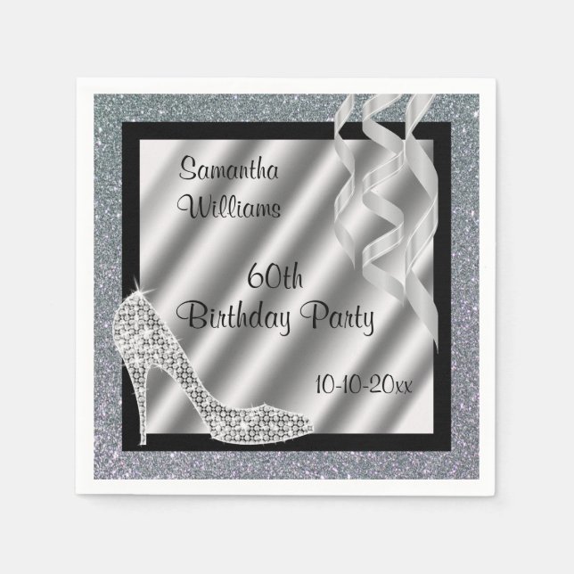 Silver Glittery Stiletto & Streamers 60th Birthday Napkin (Front)