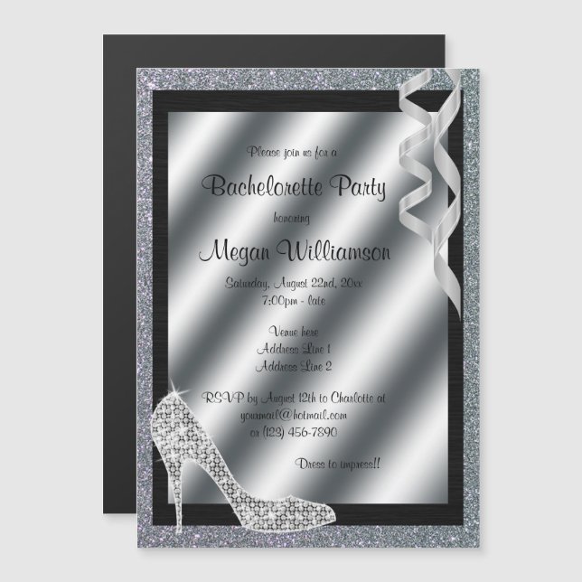 Silver Glittery Stiletto & Streamers Bachelorette Magnetic Invitation (Front/Back)