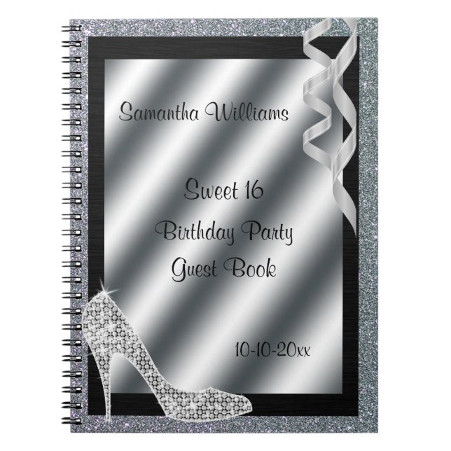Silver Glittery Stiletto & Streamers Sweet 16 Spiral Notebook (Front)