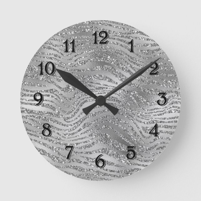 Silver Glitz Zebra Print Round Clock (Front)