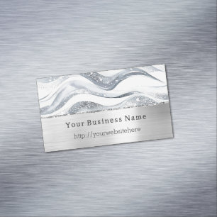 Silver Glitzy Waves Stripes Business name website Magnetic Business Card