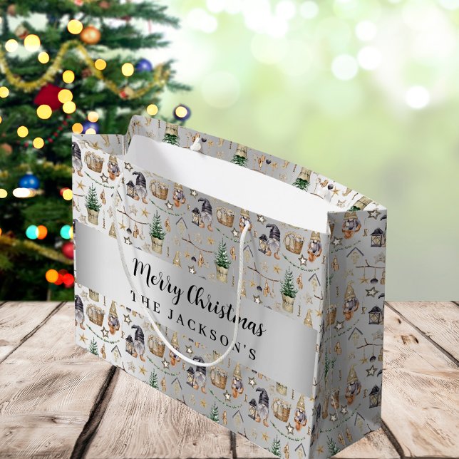 Silver gnomes nordic farmhouse Christmas  Large Gift Bag (Creator Uploaded)