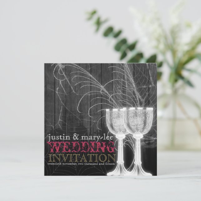 Silver Goblets Spider Web Gothic Vintage Wedding Invitation (Standing Front)