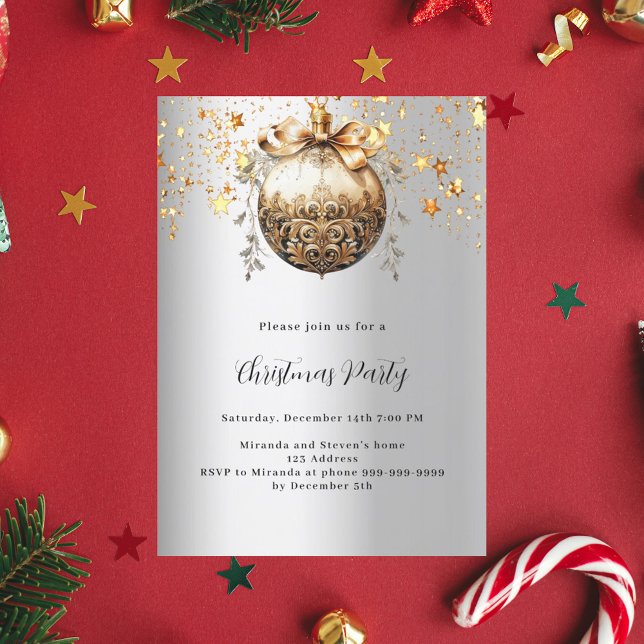 Silver gold bauble stars vintage Christmas Party Invitation (Creator Uploaded)