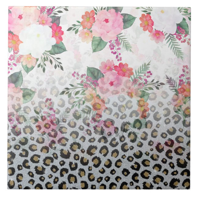 Silver Gold Black Leopard Print Pink Flowers Tile (Front)