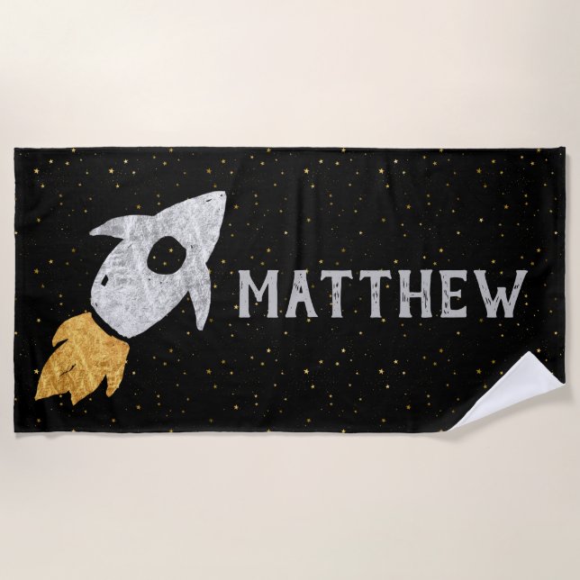 Silver Gold Black Rocket Ship Personalised Beach Towel (Front)