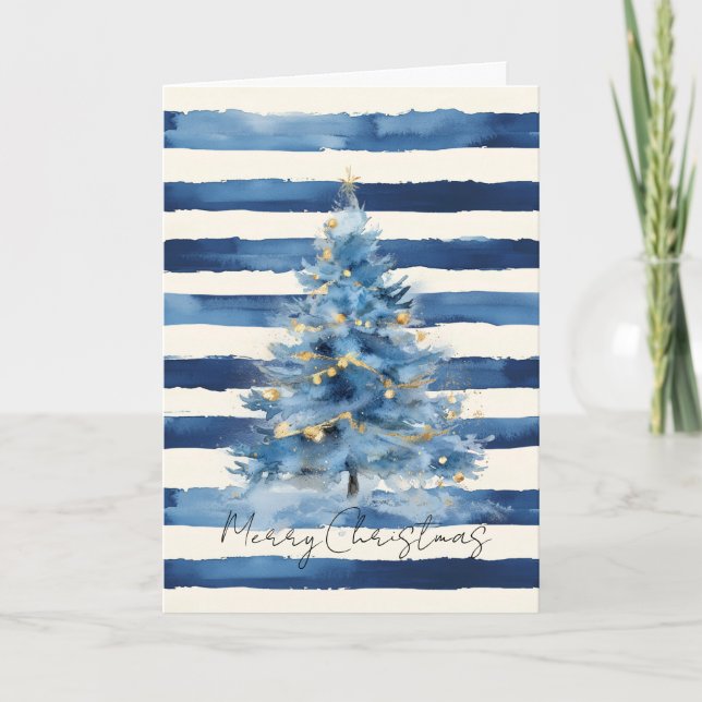 Silver Gold Blue Stripes Christmas Tree   Card (Front)