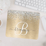Silver Gold Brushed Metal Glitter Monogram Name Mouse Pad<br><div class="desc">Easily personalise this trendy chic mouse pad design featuring pretty silver sparkling glitter on a gold brushed metallic background.</div>