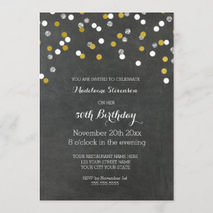 Silver Gold Chalkboard Confetti 50th Birthday Invitation
