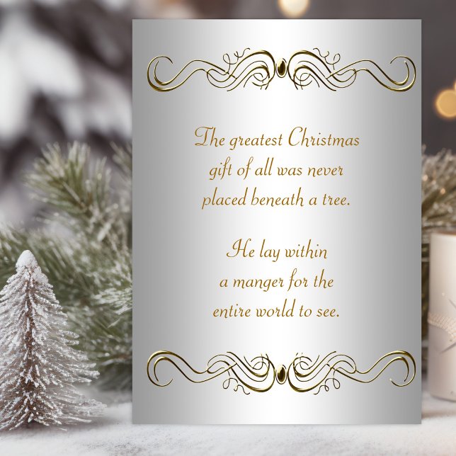 Silver Gold Christian Christmas Cards (Christian Christmas card with elegant gold swirls and scriptures. )