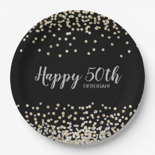 Silver Gold Confetti 50th Birthday Party Paper Plate