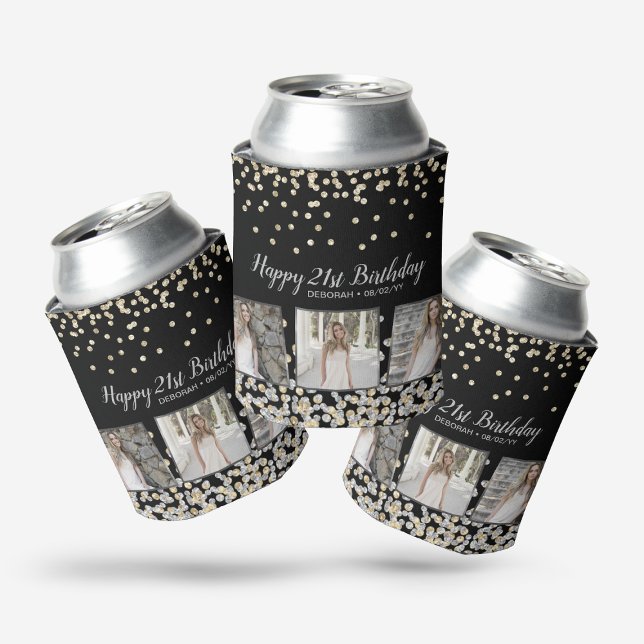 Silver Gold Confetti Photo Collage 21st Birthday Can Cooler (Creator Uploaded)
