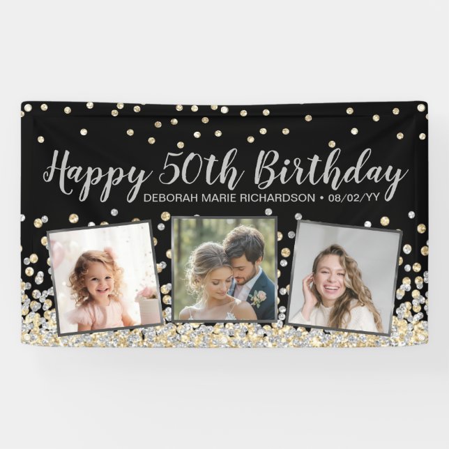 Silver Gold Confetti Photo Collage 50th Birthday Banner (Horizontal)