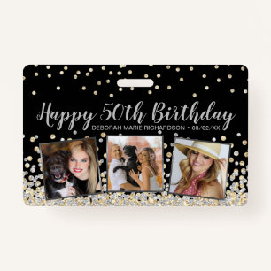 Silver Gold Confetti Photo Collage 50th Birthday ID Badge