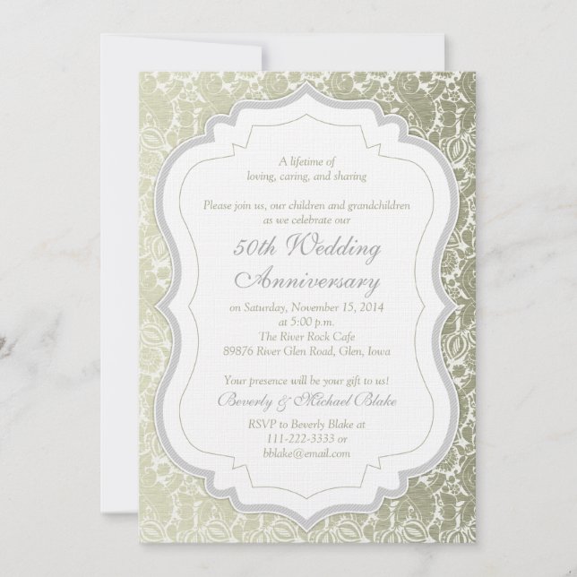 Silver Gold Damask 50th Wedding Anniversary Invitation (Front)