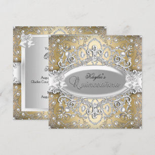 Silver & Gold Damask Pearl Quinceanera Invite
