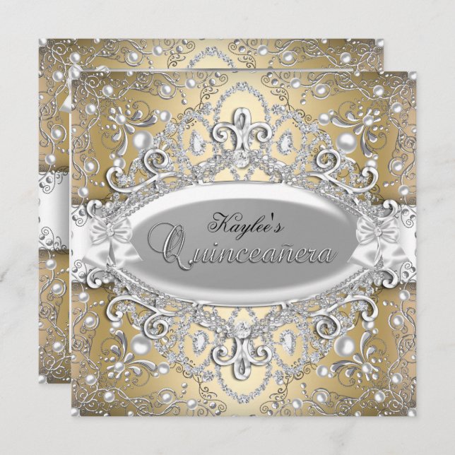 Silver & Gold Damask Pearl Quinceanera Invite (Front/Back)