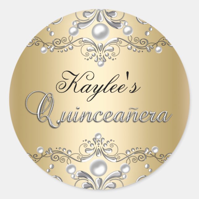 Silver & Gold Damask Pearl Quinceanera Sticker (Front)