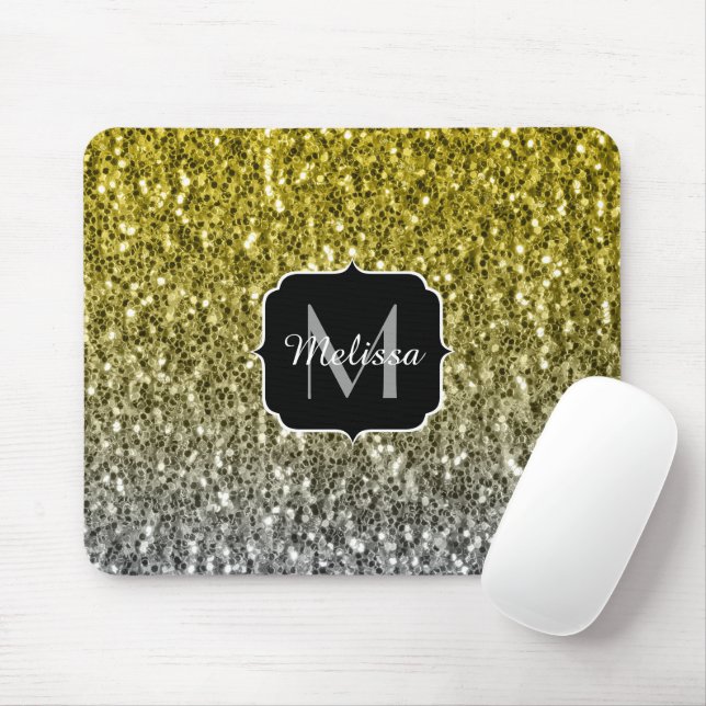 Silver gold dark sparkles glitter ombre Monogram Mouse Pad (With Mouse)