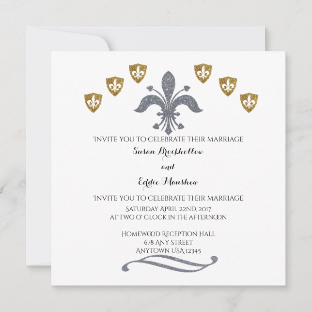 Silver & Gold Fleur de Lis Wedding Invitation (Front)