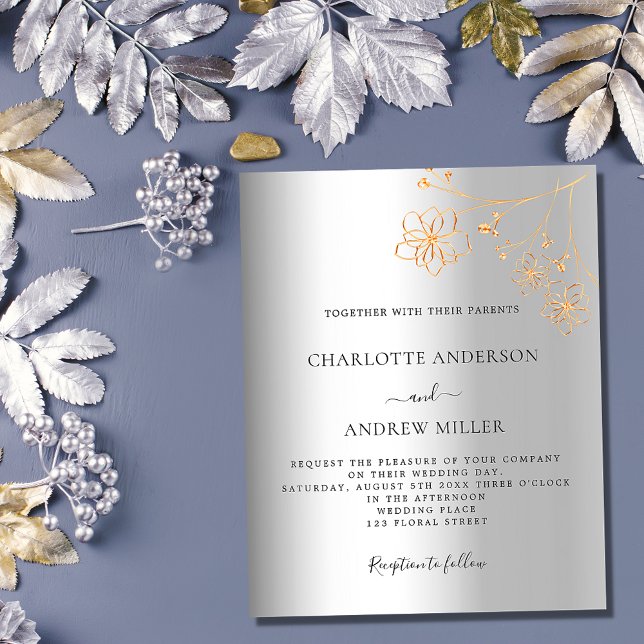 Silver gold floral budget wedding invitation (Creator Uploaded)