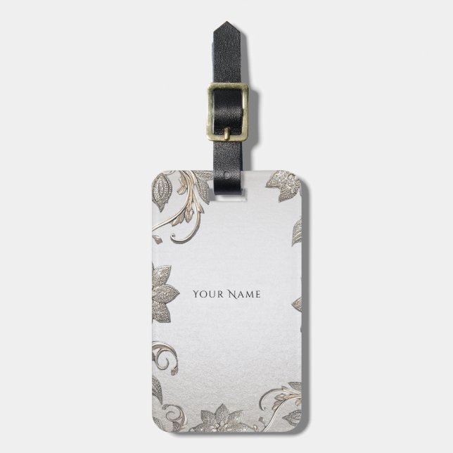 Silver Gold Floral Luggage Tag (Front Vertical)