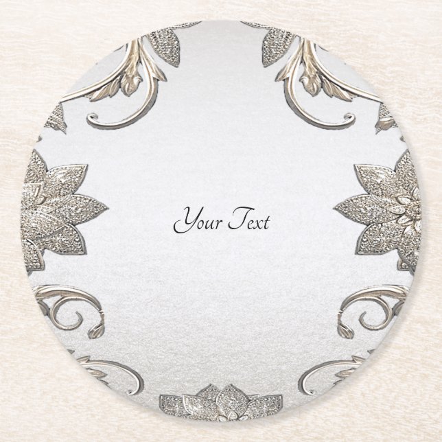 Silver Gold Floral Paper Coaster (Front)