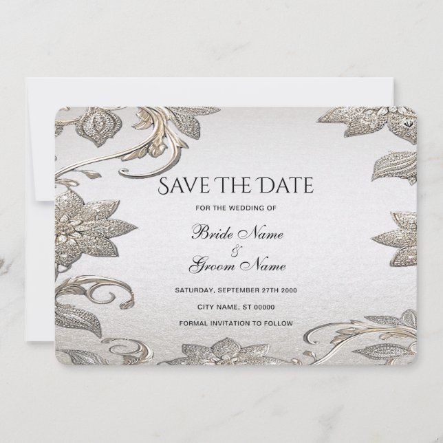 Silver Gold Floral Save The Date Card (Front)
